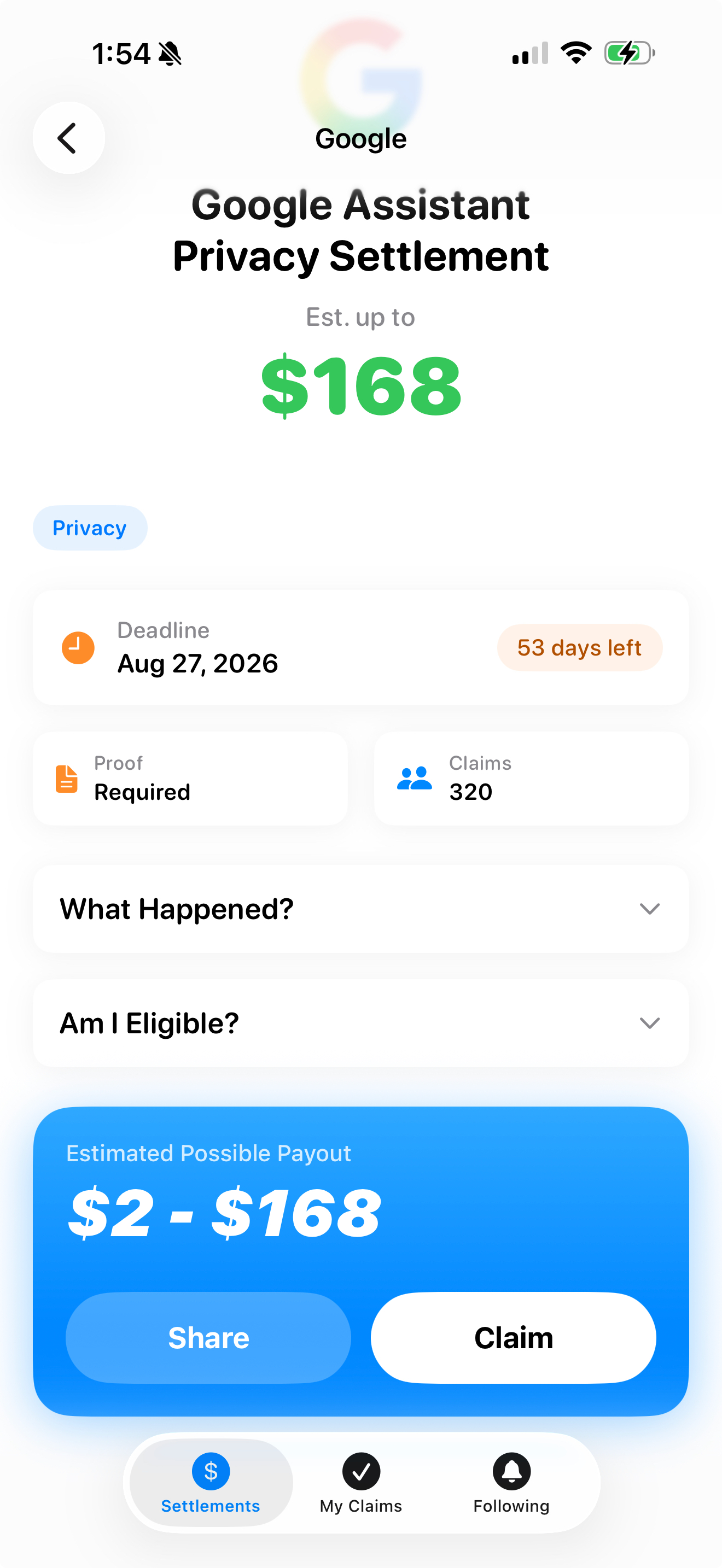 Settlement detail with claim button