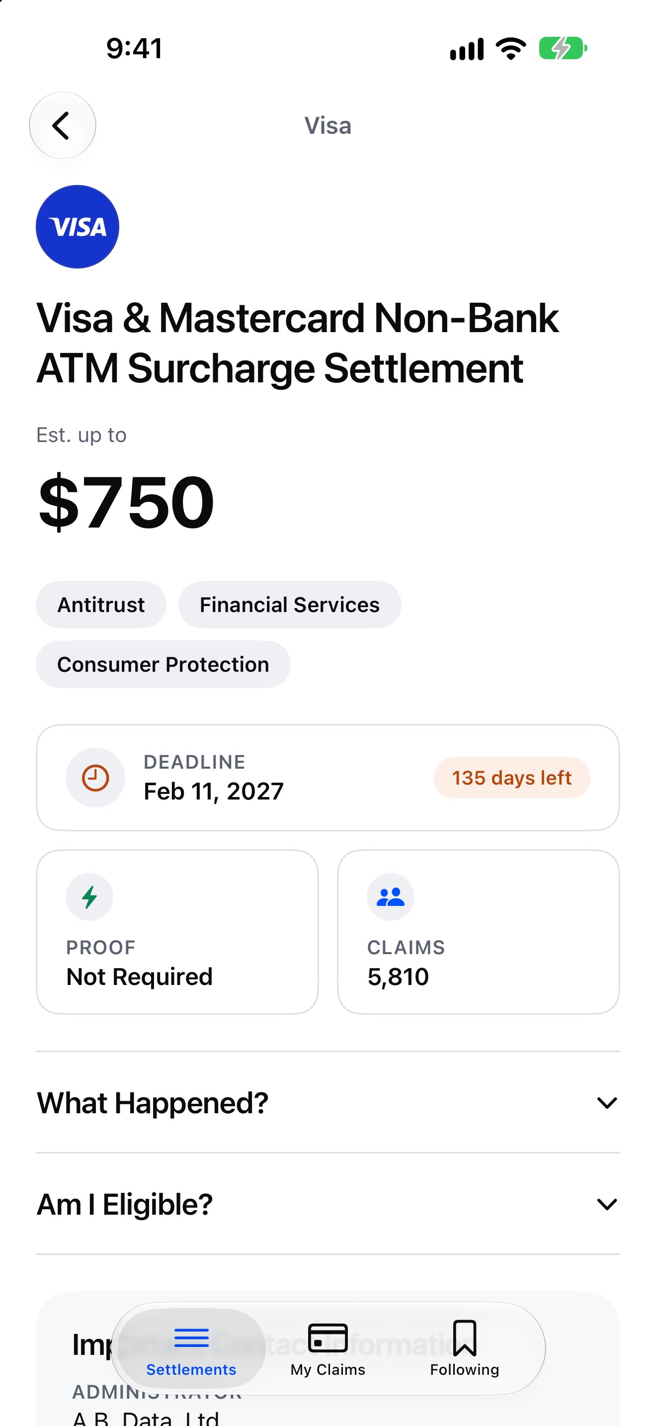 A settlement page with what it pays and its deadline